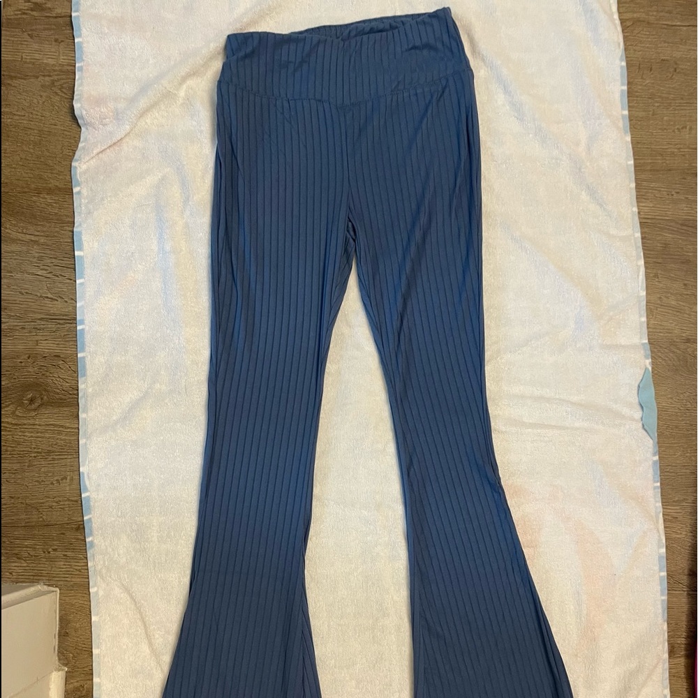 blue ribbed flare pants